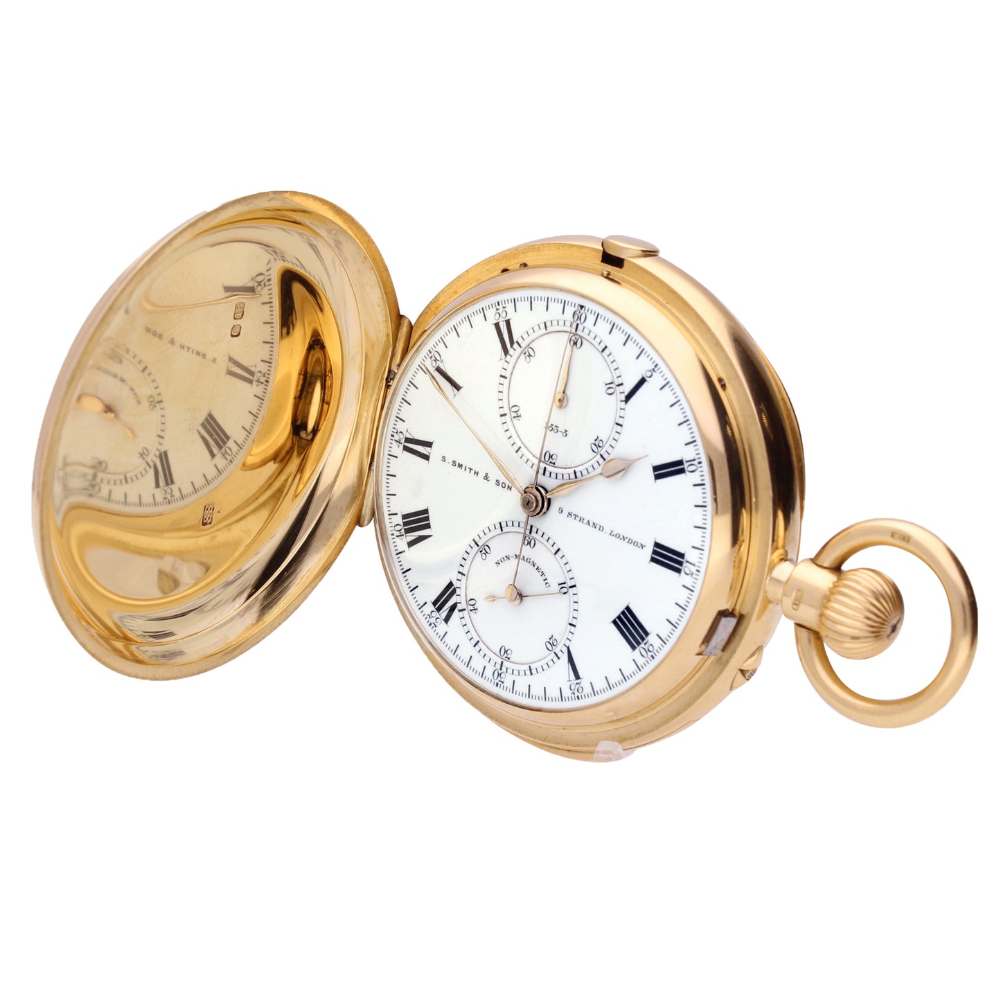 18ct yellow gold hunter case, keyless wind minute repeating chronograph pocket watch. Made 1898