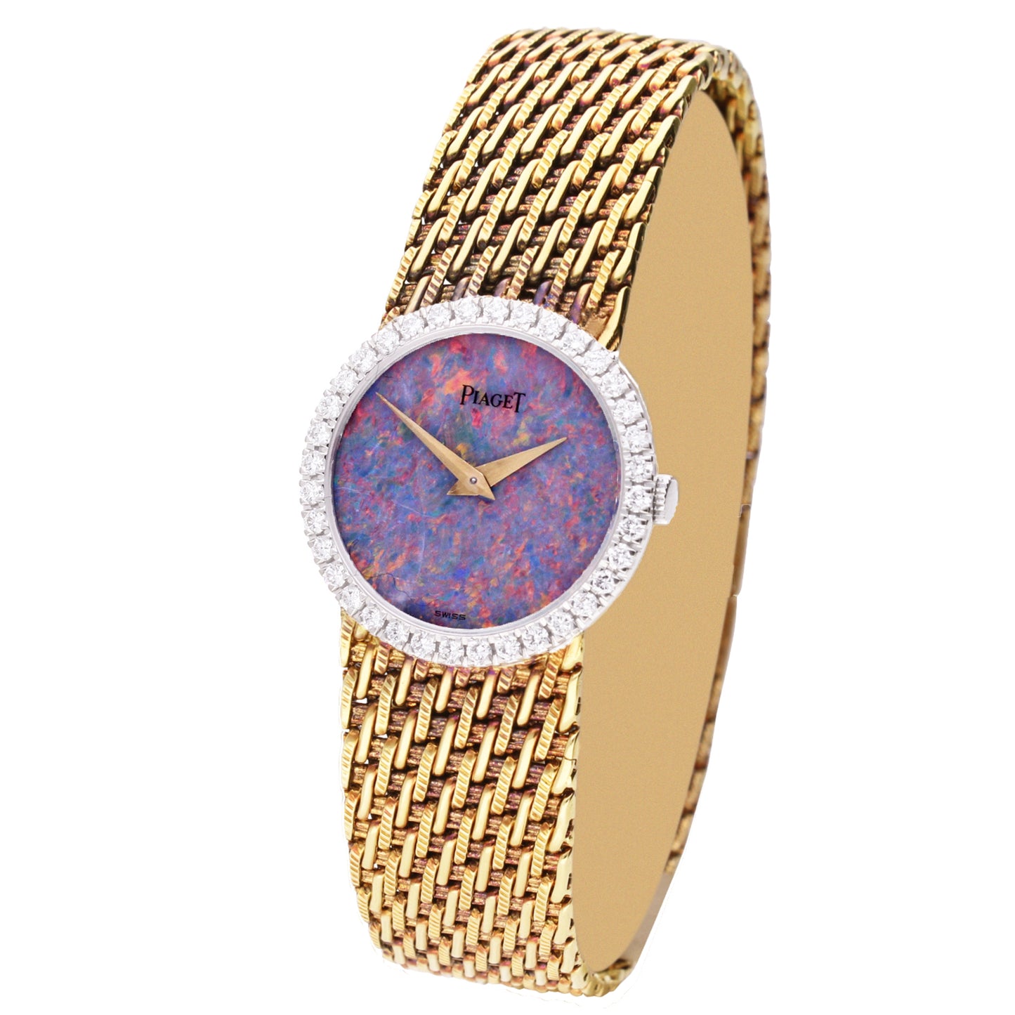 18ct yellow gold Piaget ref. 9706 bracelet watch with an opal dial & diamond set bezel. Made 1970