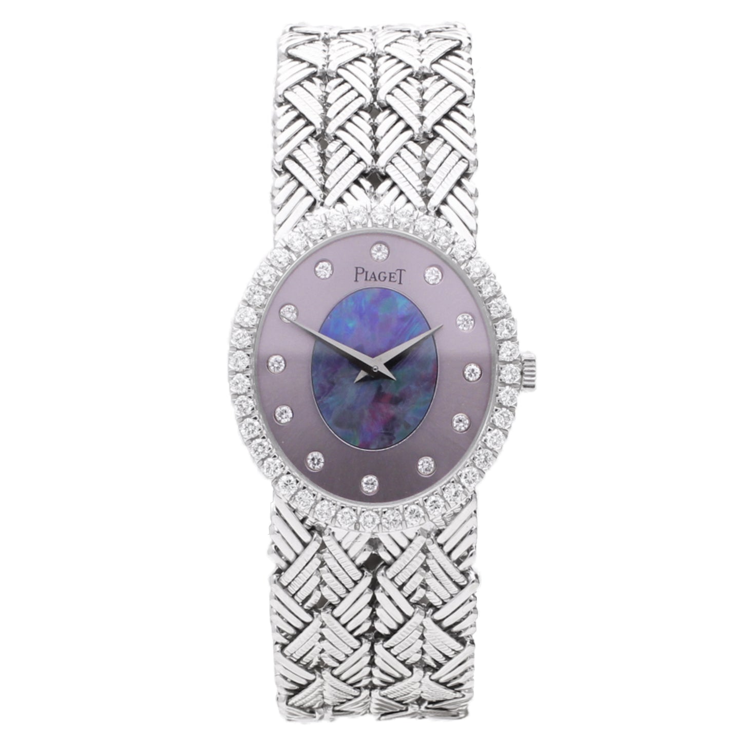 18ct white gold Piaget ref. 9826 opal/pearl set dial and diamond set bezel bracelet watch. Made 1970