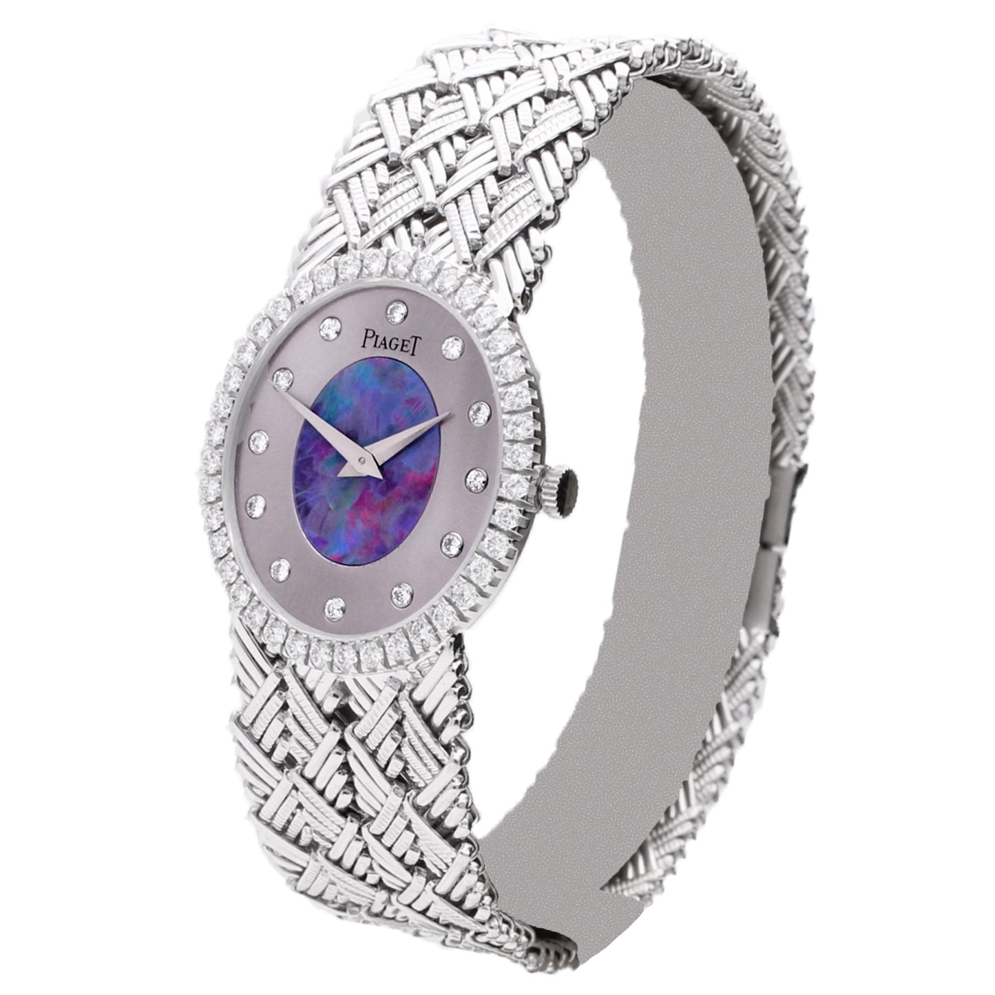 18ct white gold Piaget ref. 9826 opal/pearl set dial and diamond set bezel bracelet watch. Made 1970