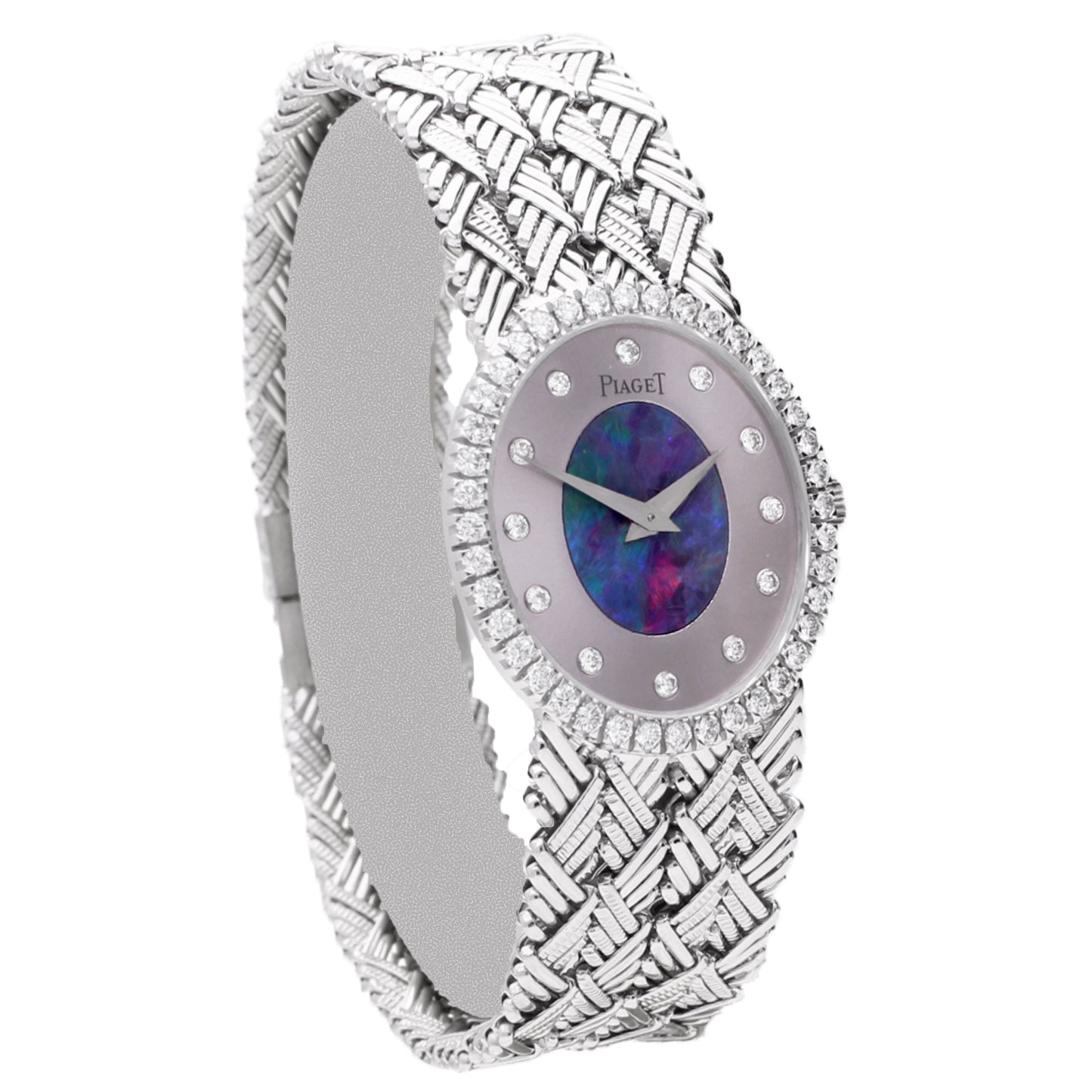 18ct white gold Piaget ref. 9826 opal/pearl set dial and diamond set bezel bracelet watch. Made 1970