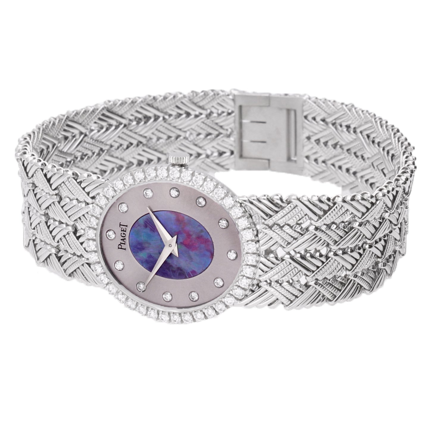 18ct white gold Piaget ref. 9826 opal/pearl set dial and diamond set bezel bracelet watch. Made 1970
