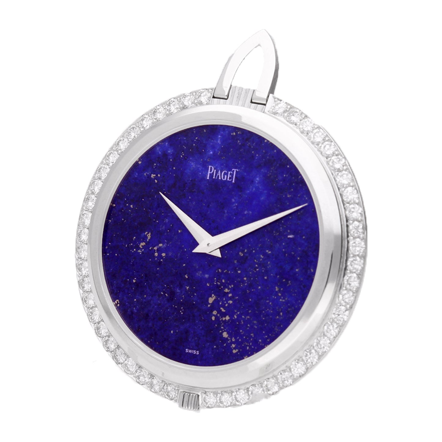 18ct white gold Piaget pocket watch with Lapis Lazuli dial & diamond set bezel. Made 1969