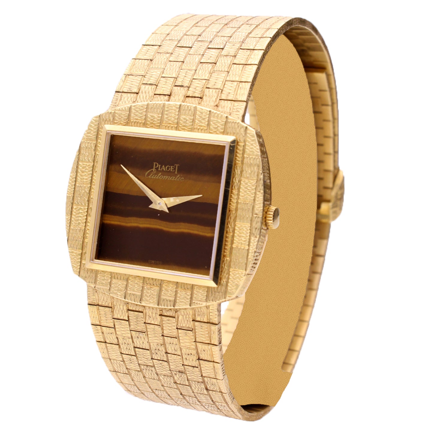 18ct yellow gold Piaget ref. 12461 automatic bracelet watch with tigers eye dial. Made 1971