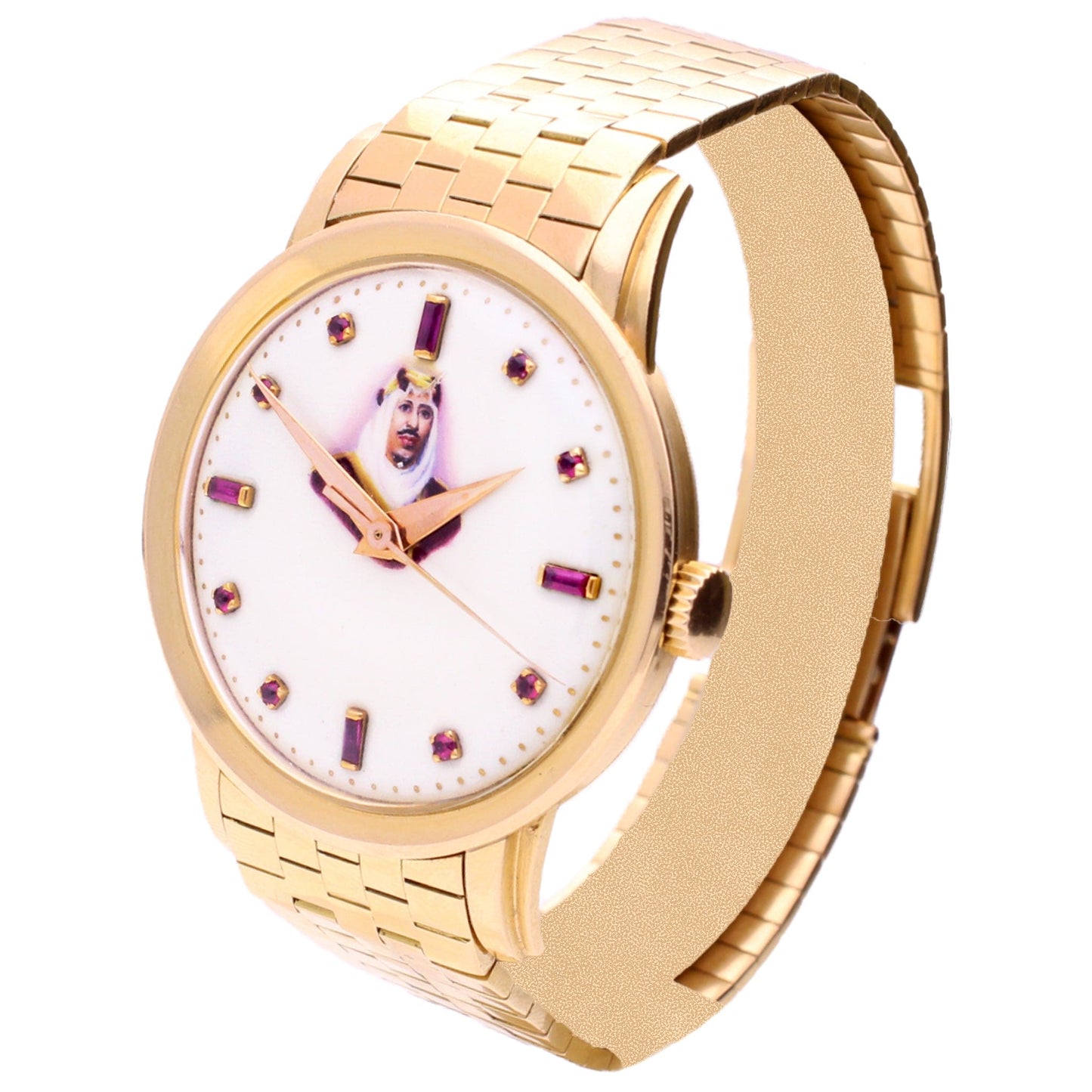 18ct rose gold Patek Philippe ref. 2481 Bracelet watch with enamel portrait of Abdulaziz “Ibn Saud” with ruby hour indices. Made 1955
