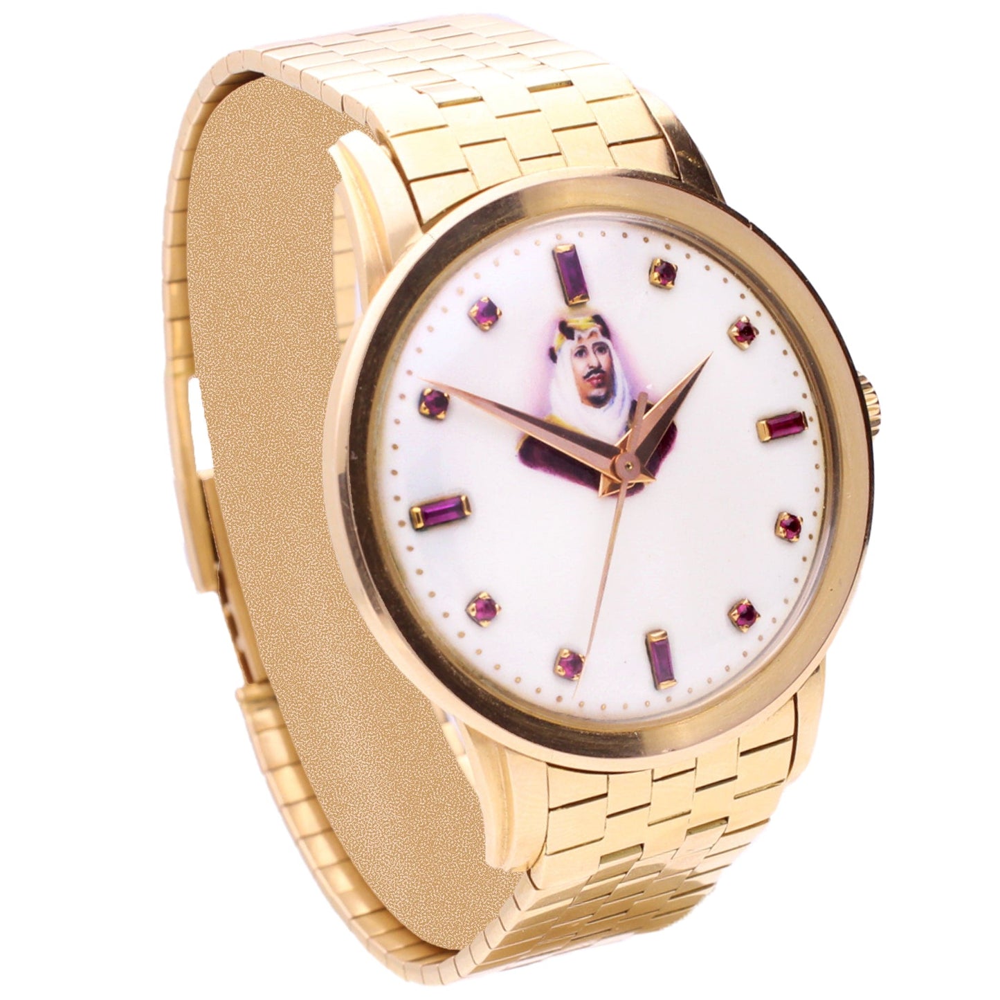 18ct rose gold Patek Philippe ref. 2481 Bracelet watch with enamel portrait of Abdulaziz “Ibn Saud” with ruby hour indices. Made 1955