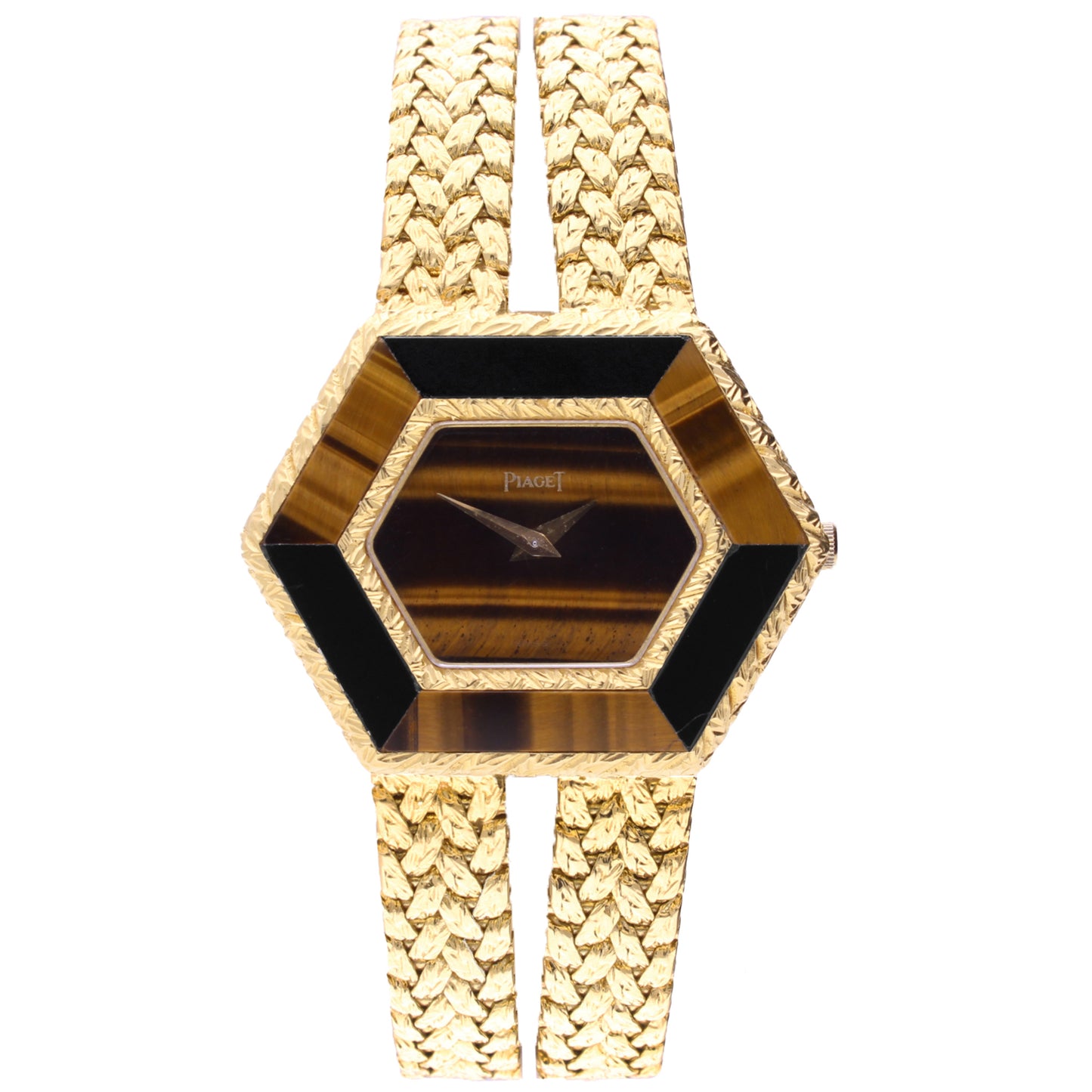 18ct yellow gold Piaget ref. 9253 'hexagonal case' bracelet watch with tigers eye dial and bezel. Made 1976