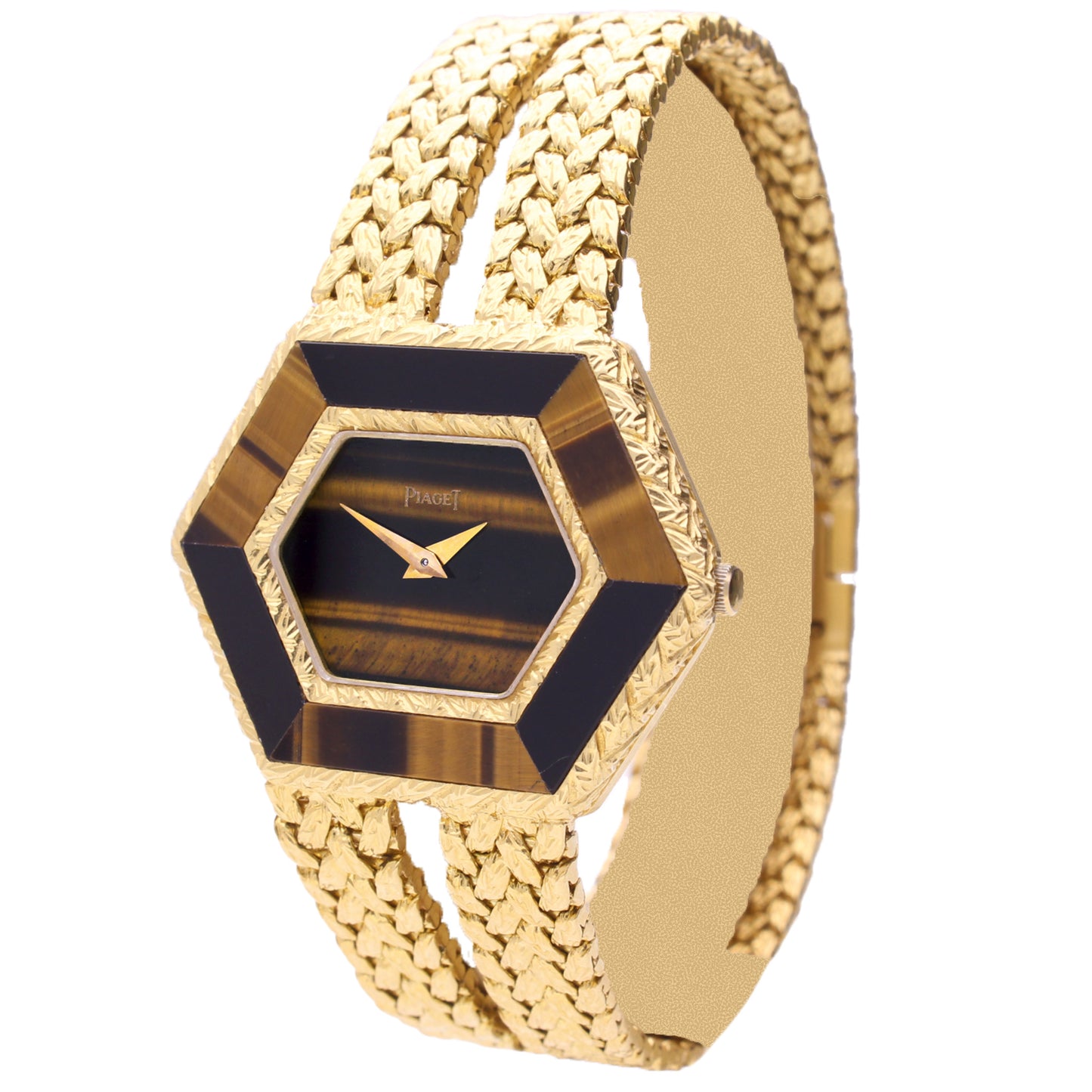 18ct yellow gold Piaget ref. 9253 'hexagonal case' bracelet watch with tigers eye dial and bezel. Made 1976