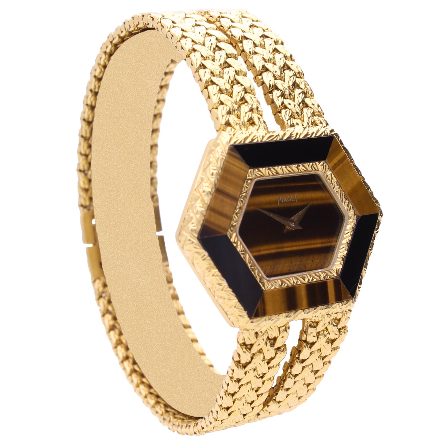 18ct yellow gold Piaget ref. 9253 'hexagonal case' bracelet watch with tigers eye dial and bezel. Made 1976