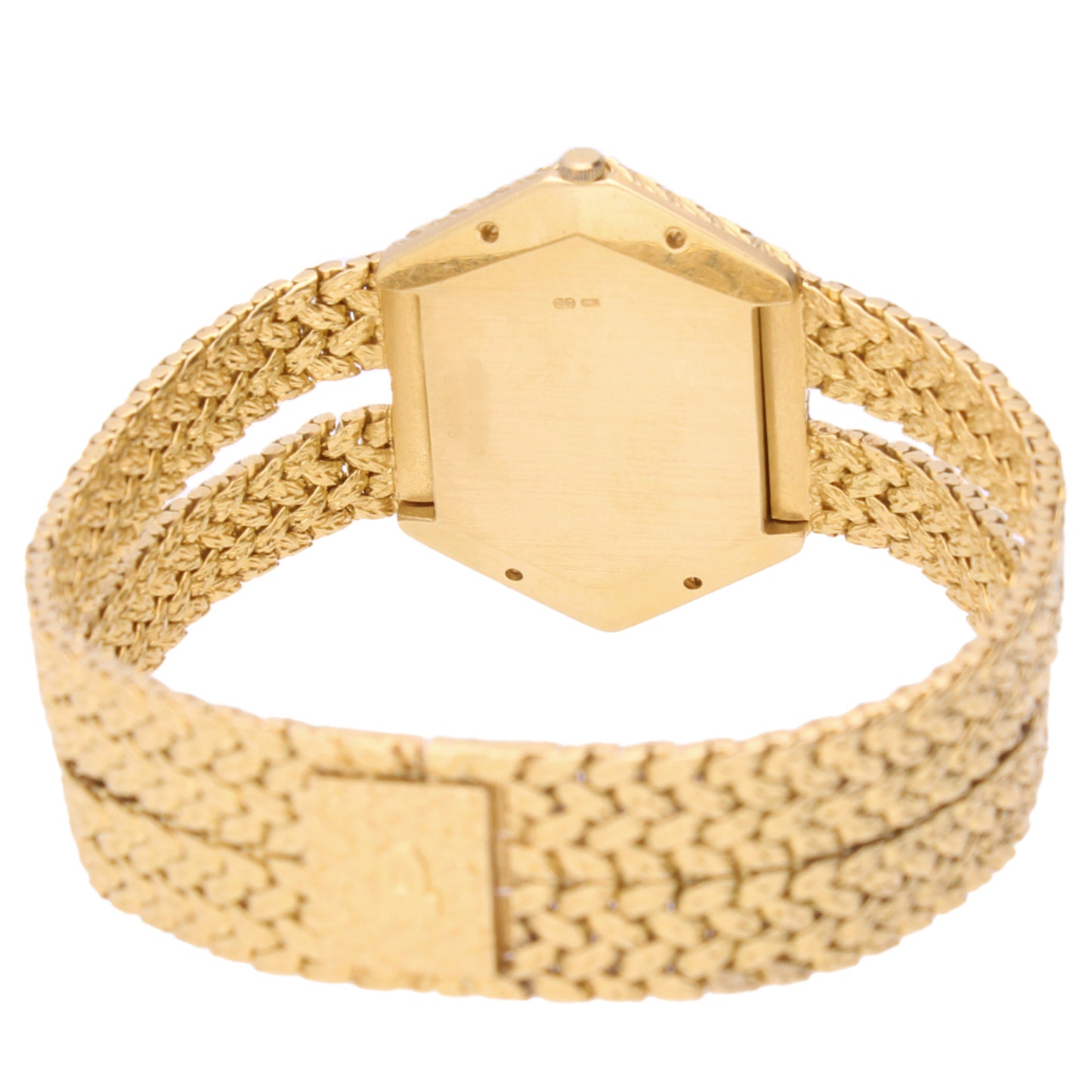 18ct yellow gold Piaget ref. 9253 'hexagonal case' bracelet watch with tigers eye dial and bezel. Made 1976