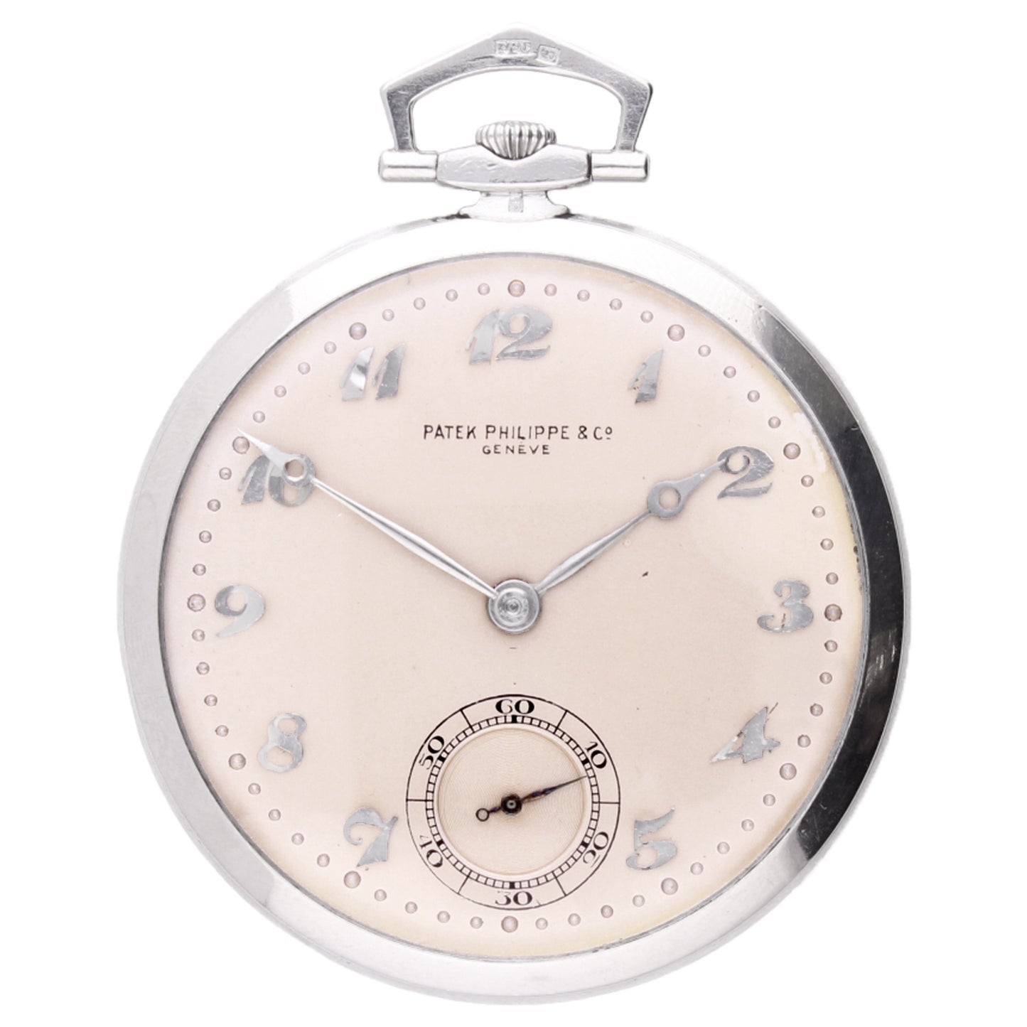 Platinum Patek Philippe open face pocket watch with Breguet numerals.
