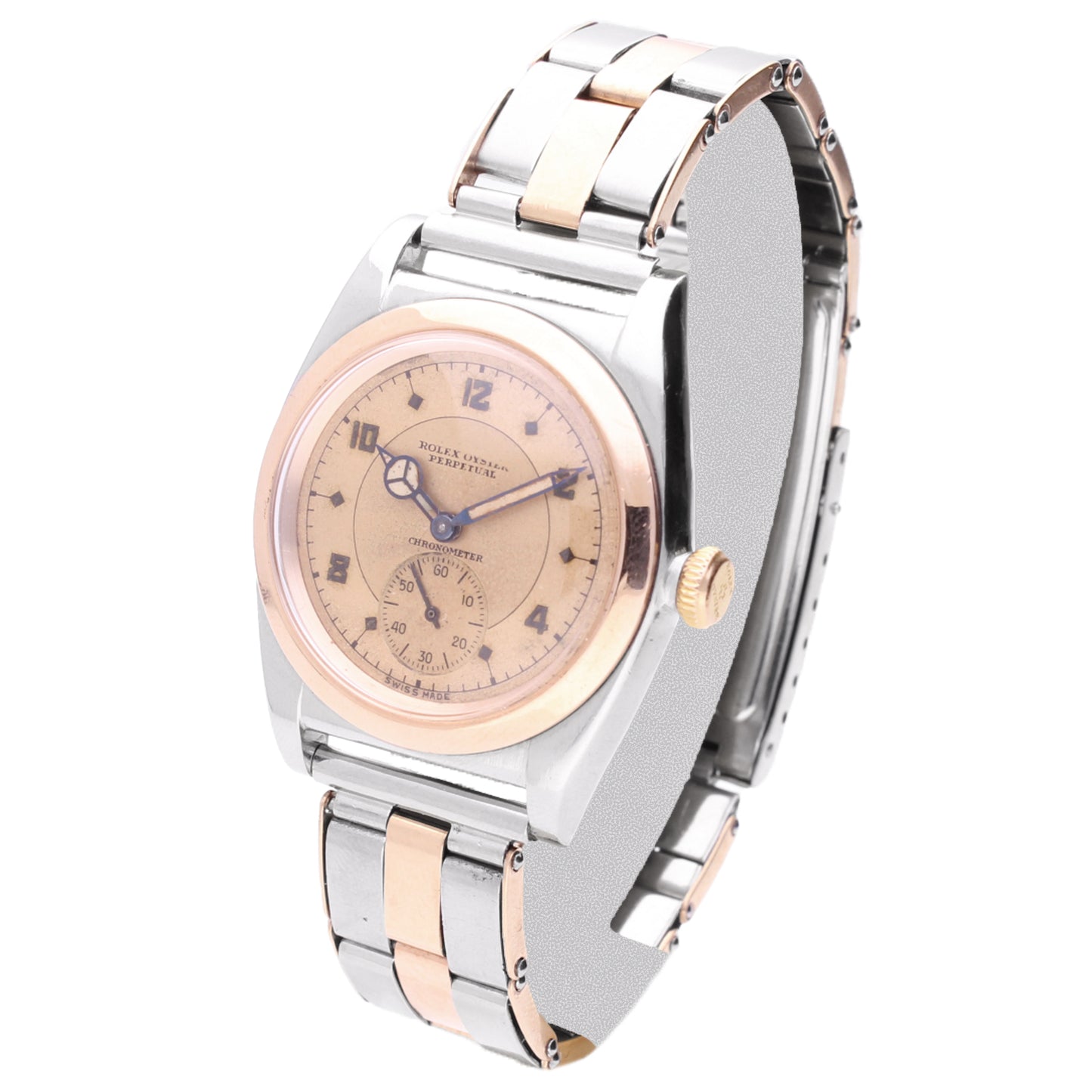 Steel & 18ct rose gold Rolex 'Bubbleback' Oyster Perpetual bracelet watch with rose dial and bezel. Made 1940