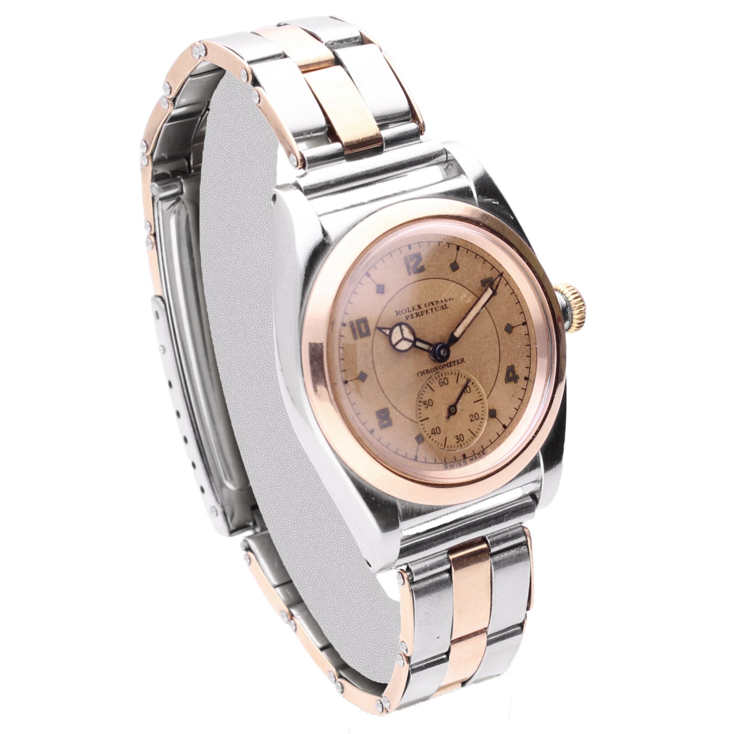 Steel & 18ct rose gold Rolex 'Bubbleback' Oyster Perpetual bracelet watch with rose dial and bezel. Made 1940