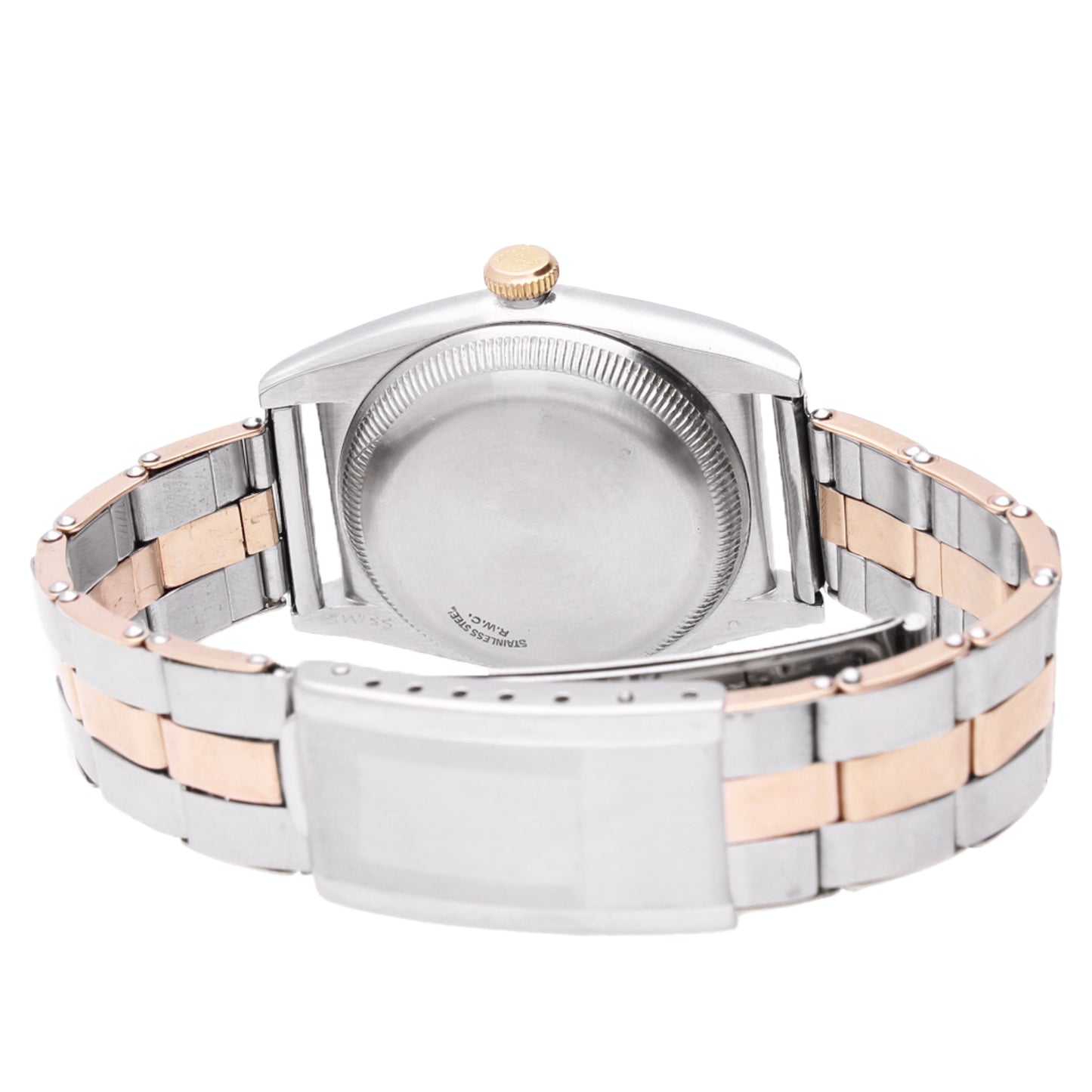 Steel & 18ct rose gold Rolex 'Bubbleback' Oyster Perpetual bracelet watch with rose dial and bezel. Made 1940