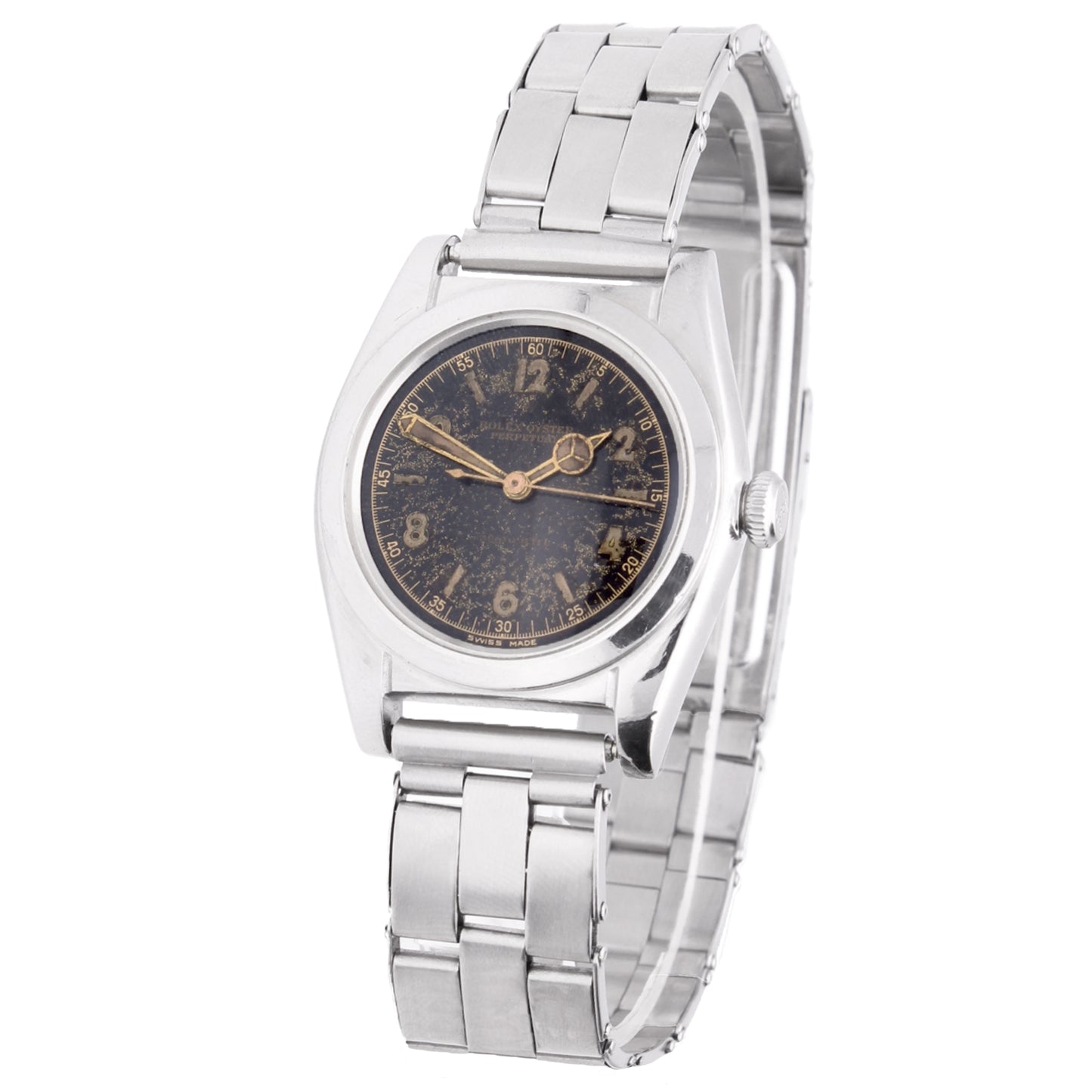 Stainless steel Rolex ref. 2940 'Bubbleback' Oyster Perpetual bracelet watch with black dial. Made 1940