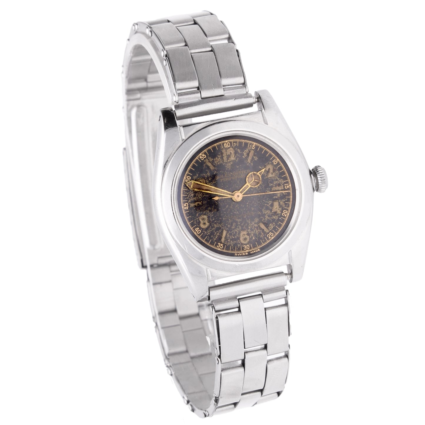 Stainless steel Rolex ref. 2940 'Bubbleback' Oyster Perpetual bracelet watch with black dial. Made 1940