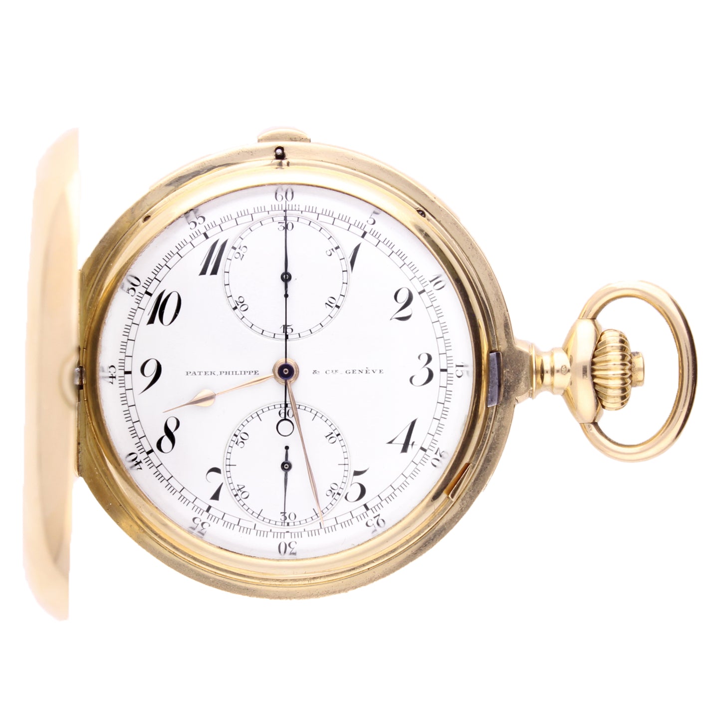 18ct yellow gold Patek Philippe Full Hunter single button chronograph pocket watch. Made 1913