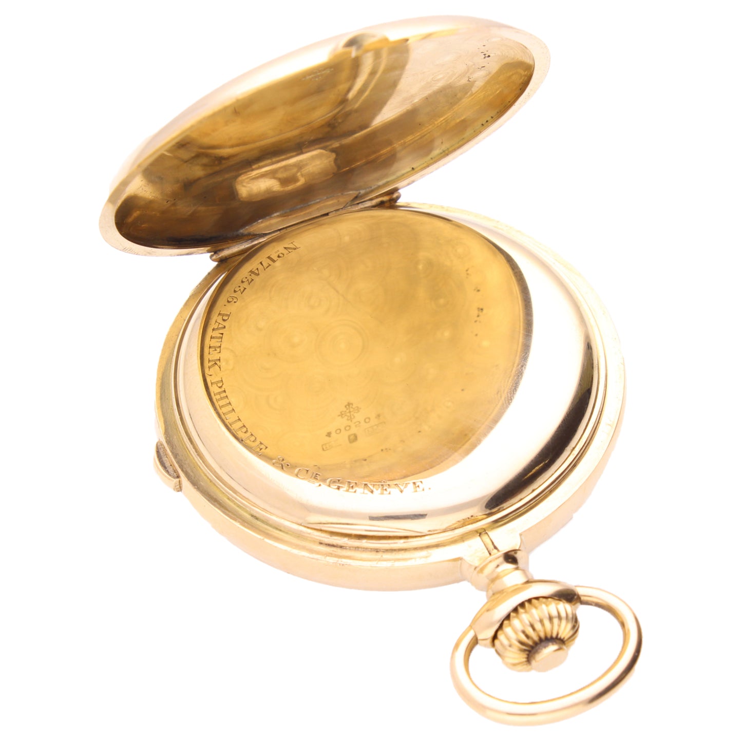 18ct yellow gold Patek Philippe Full Hunter single button chronograph pocket watch. Made 1913