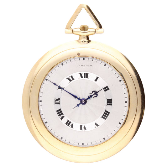 18ct yellow gold Cartier 'Knife Edge' open face pocket watch and chain. Made 1925