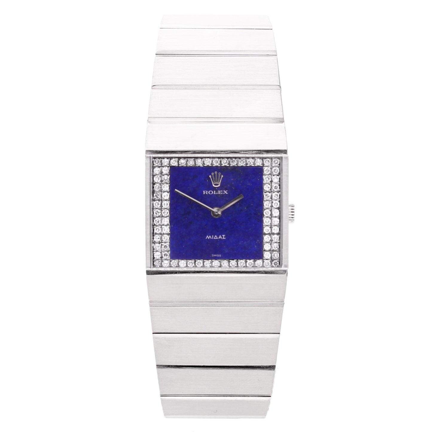 18ct white gold Rolex King Midas bracelet watch with lapis lazuli and diamond set dial. Made 1976