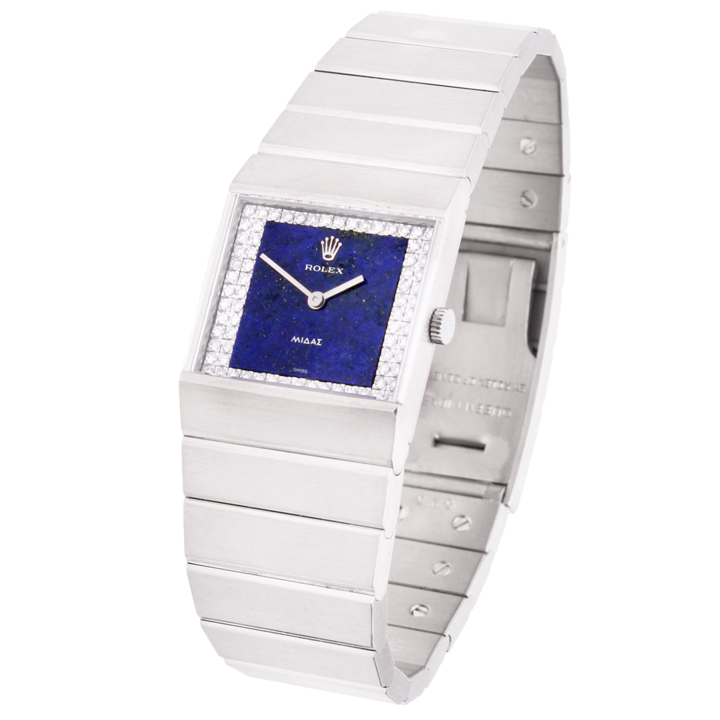 18ct white gold Rolex King Midas bracelet watch with lapis lazuli and diamond set dial. Made 1976