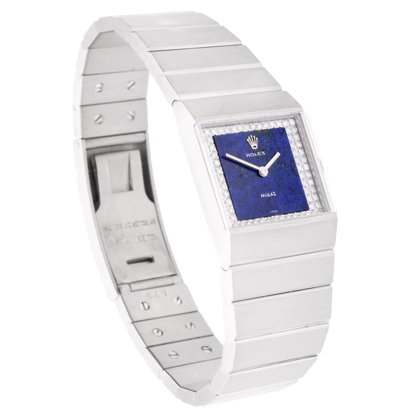 18ct white gold Rolex King Midas bracelet watch with lapis lazuli and diamond set dial. Made 1976