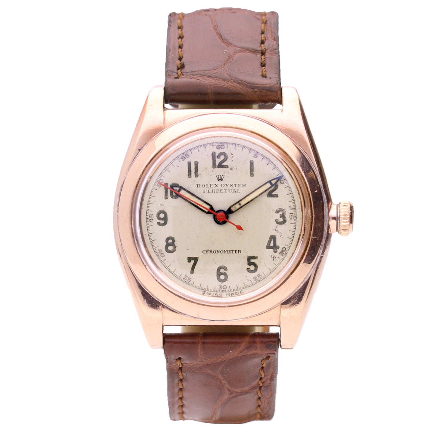Steel & 18ct rose gold Rolex ref. 3696 'Bubbleback' Oyster Perpetual wristwatch with rose gold bezel. Made 1945