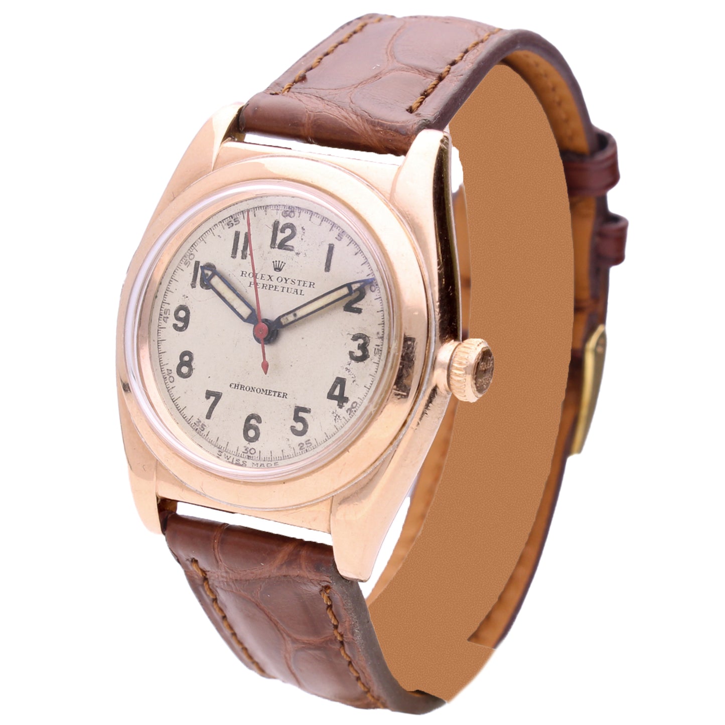Steel & 18ct rose gold Rolex ref. 3696 'Bubbleback' Oyster Perpetual wristwatch with rose gold bezel. Made 1945