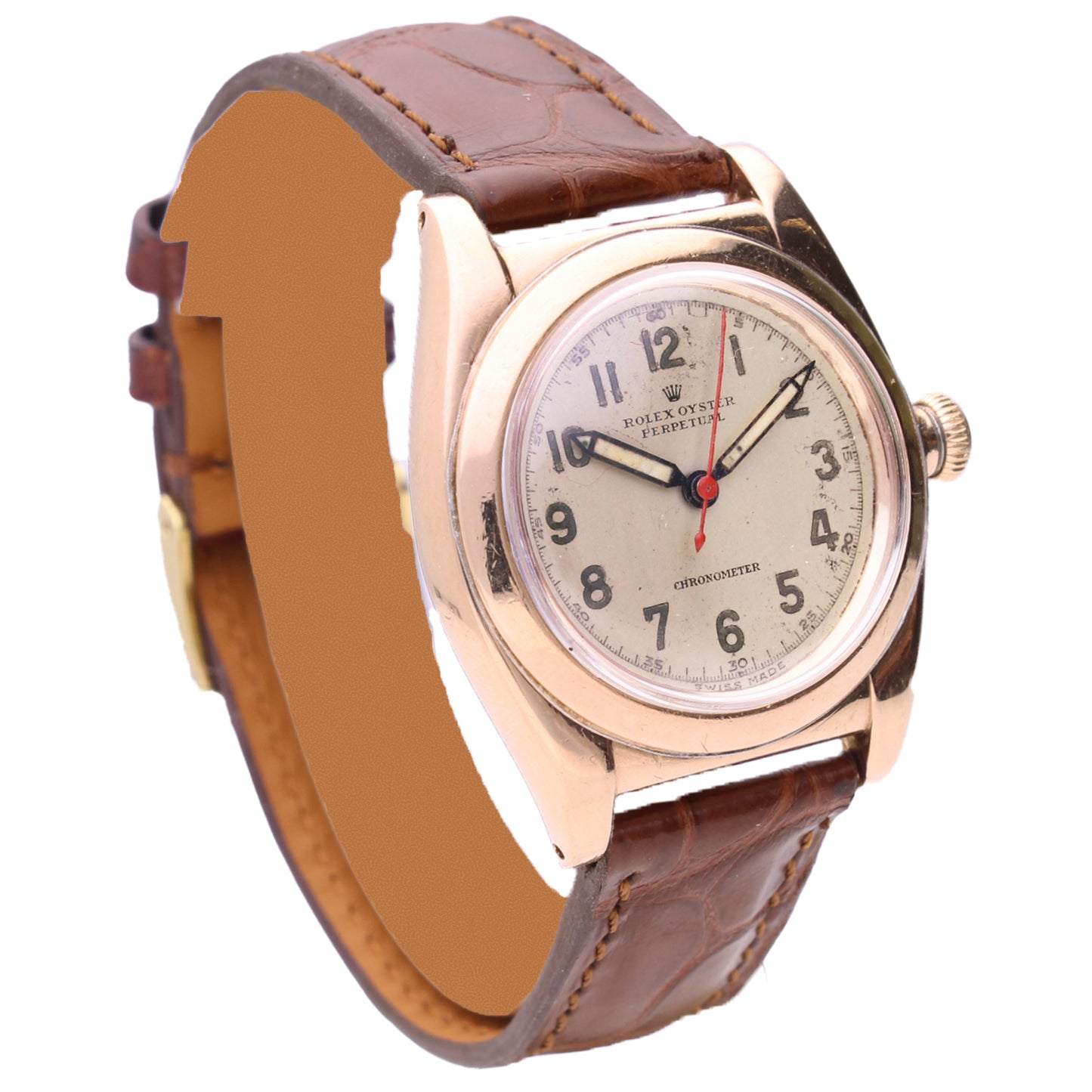 Steel & 18ct rose gold Rolex ref. 3696 'Bubbleback' Oyster Perpetual wristwatch with rose gold bezel. Made 1945