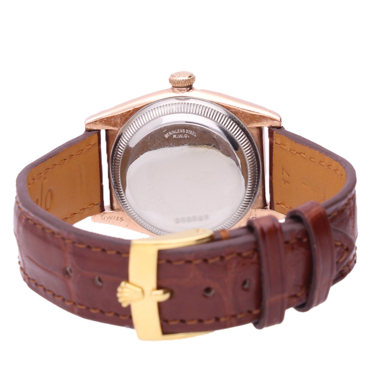 Steel & 18ct rose gold Rolex ref. 3696 'Bubbleback' Oyster Perpetual wristwatch with rose gold bezel. Made 1945