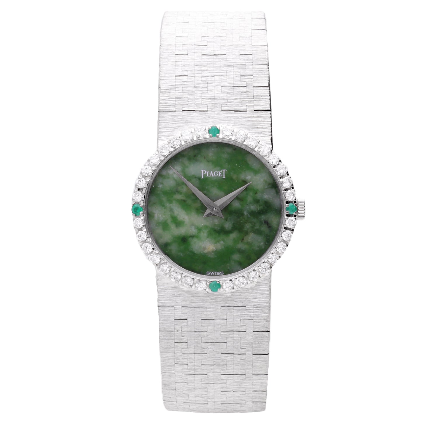 18ct white gold Piaget ref. 9706 Bracelet watch with jade dial and diamond set bezel. Made 1970