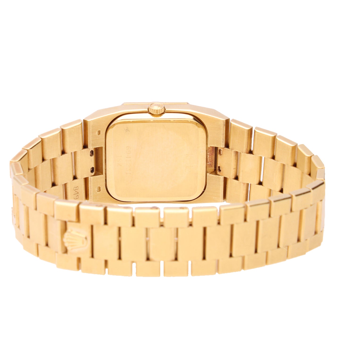 18ct yellow gold Rolex ref. 4651 Cellini bracelet watch with cobalt blue dial and diamond set bezel.