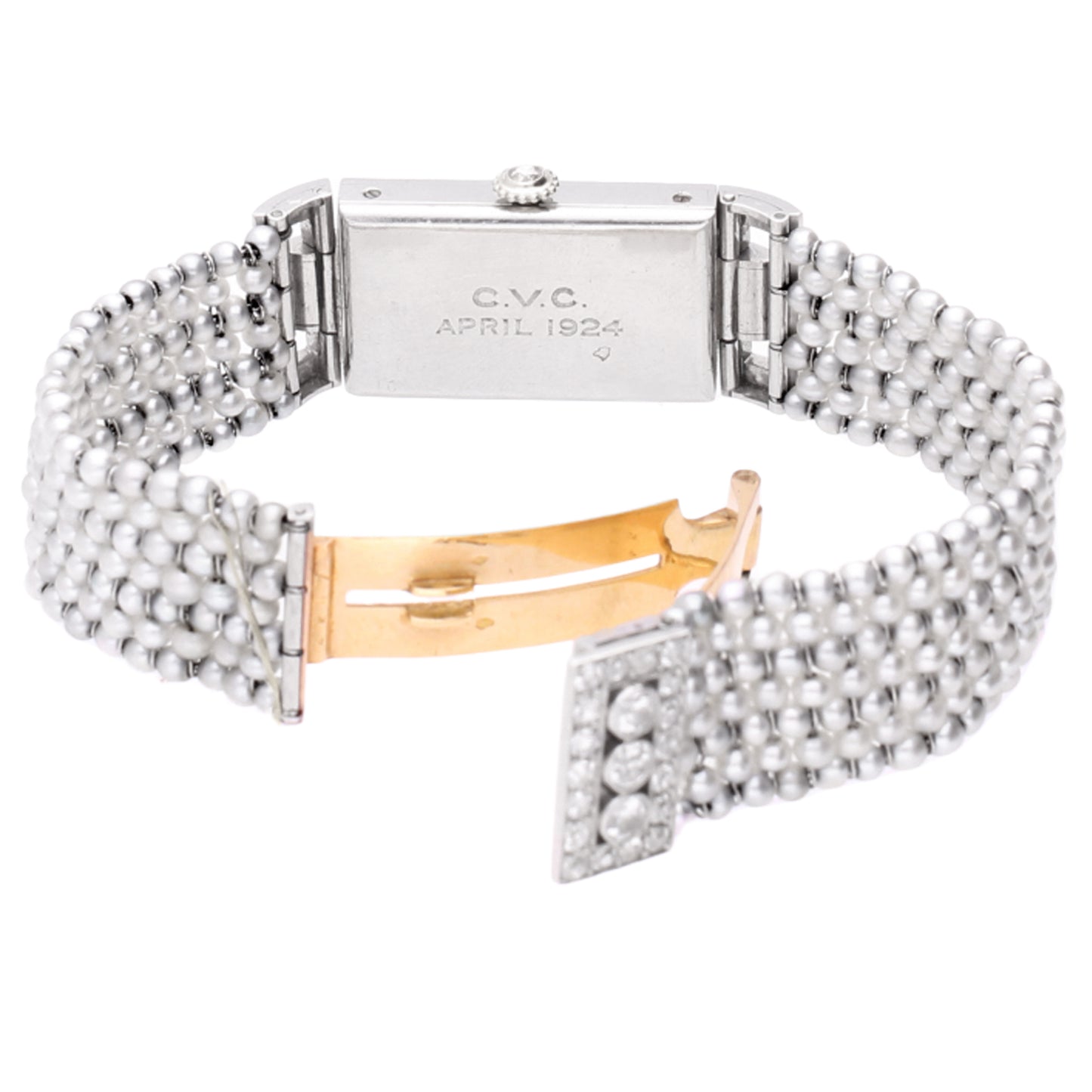 Platinum & 18ct white gold Cartier pearl set bracelet watch. Made 1920