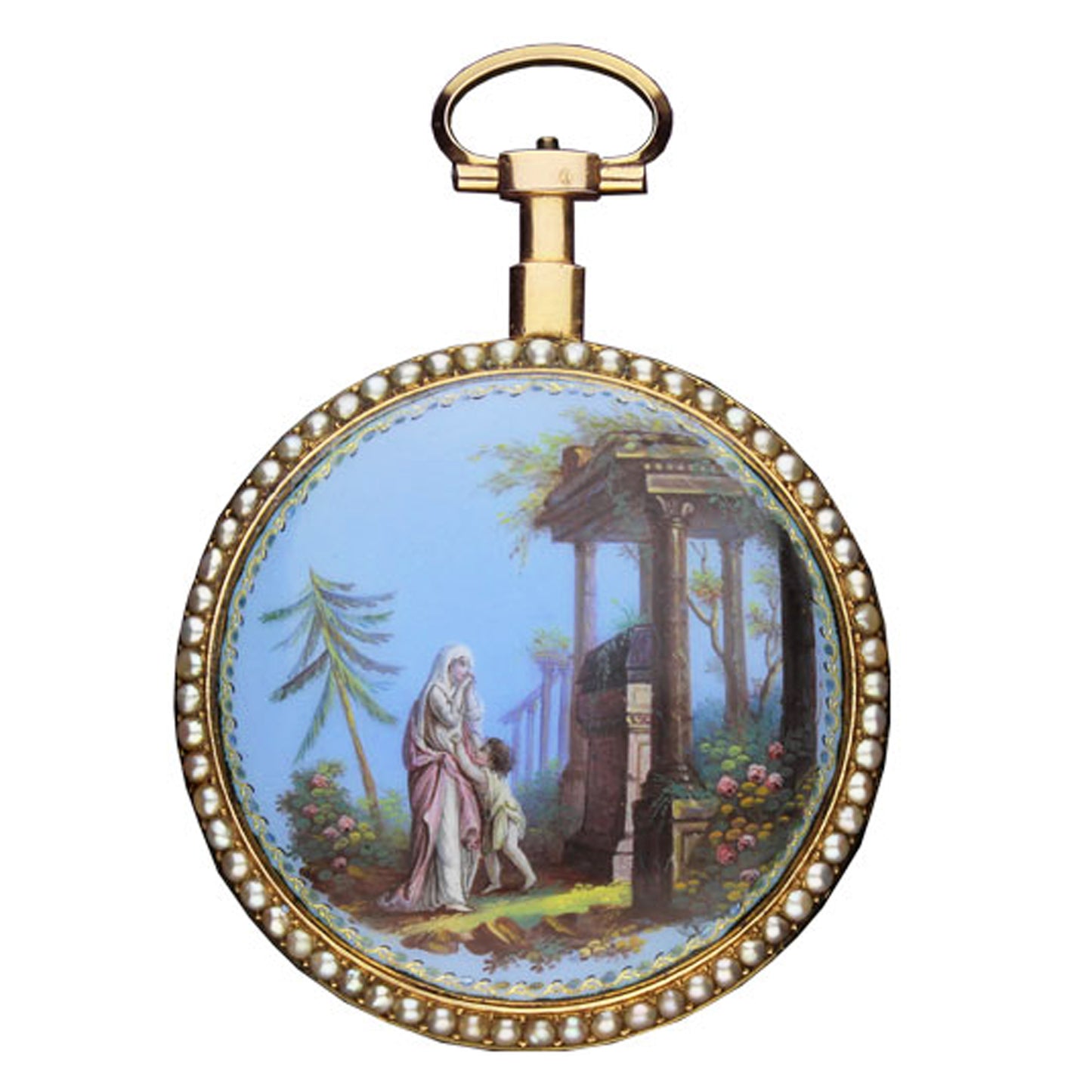 18ct yellow gold Gregson á Paris, enamel and pearl set pocket watch. Circa 1780.