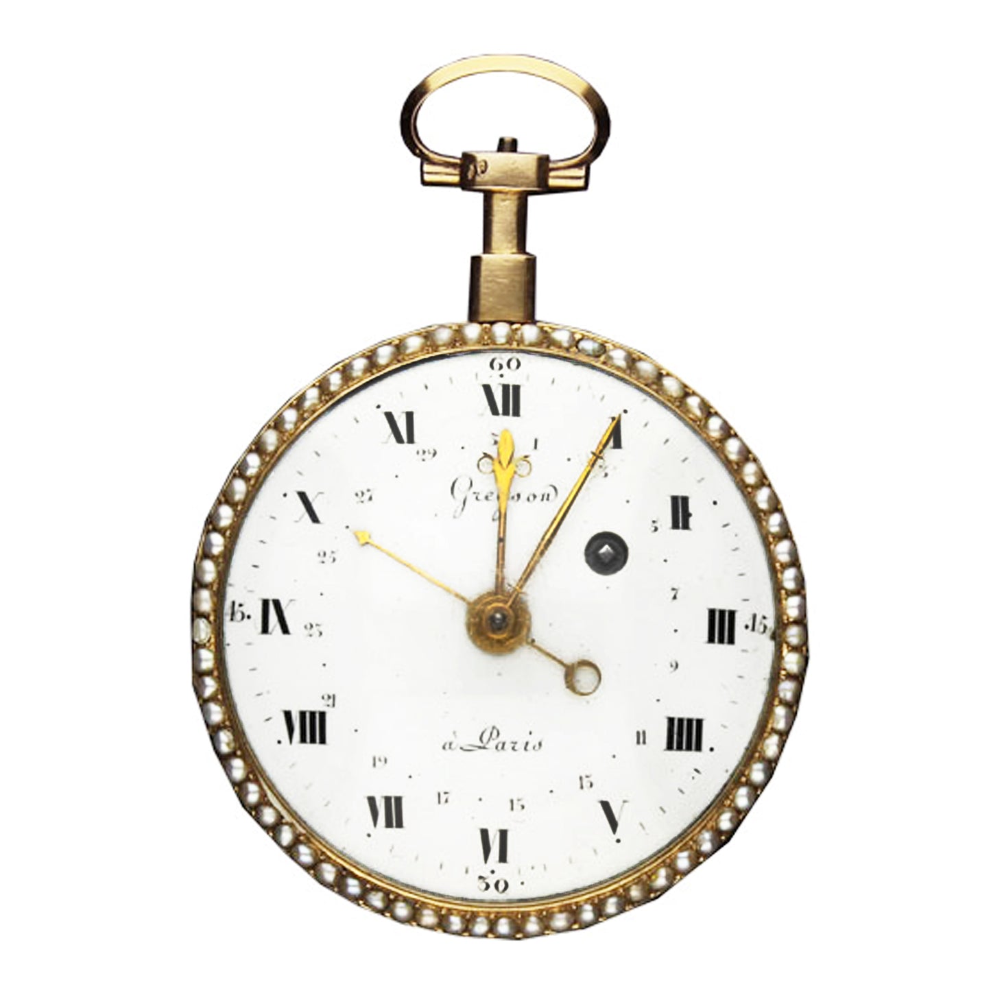 18ct yellow gold Gregson á Paris, enamel and pearl set pocket watch. Circa 1780.