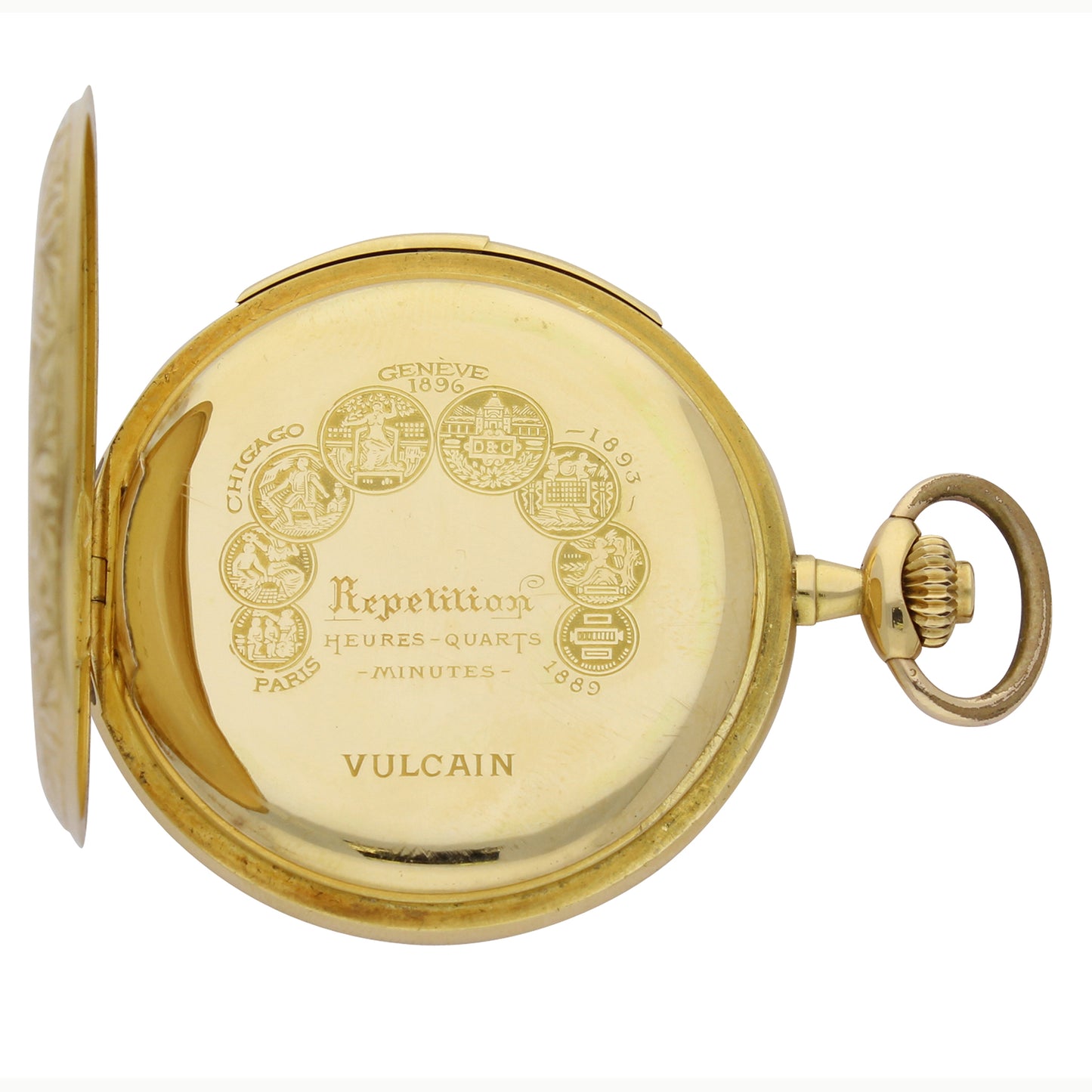 18ct yellow gold Vulcain, engraved full hunter minute repeating pocket watch. Circa 1890s