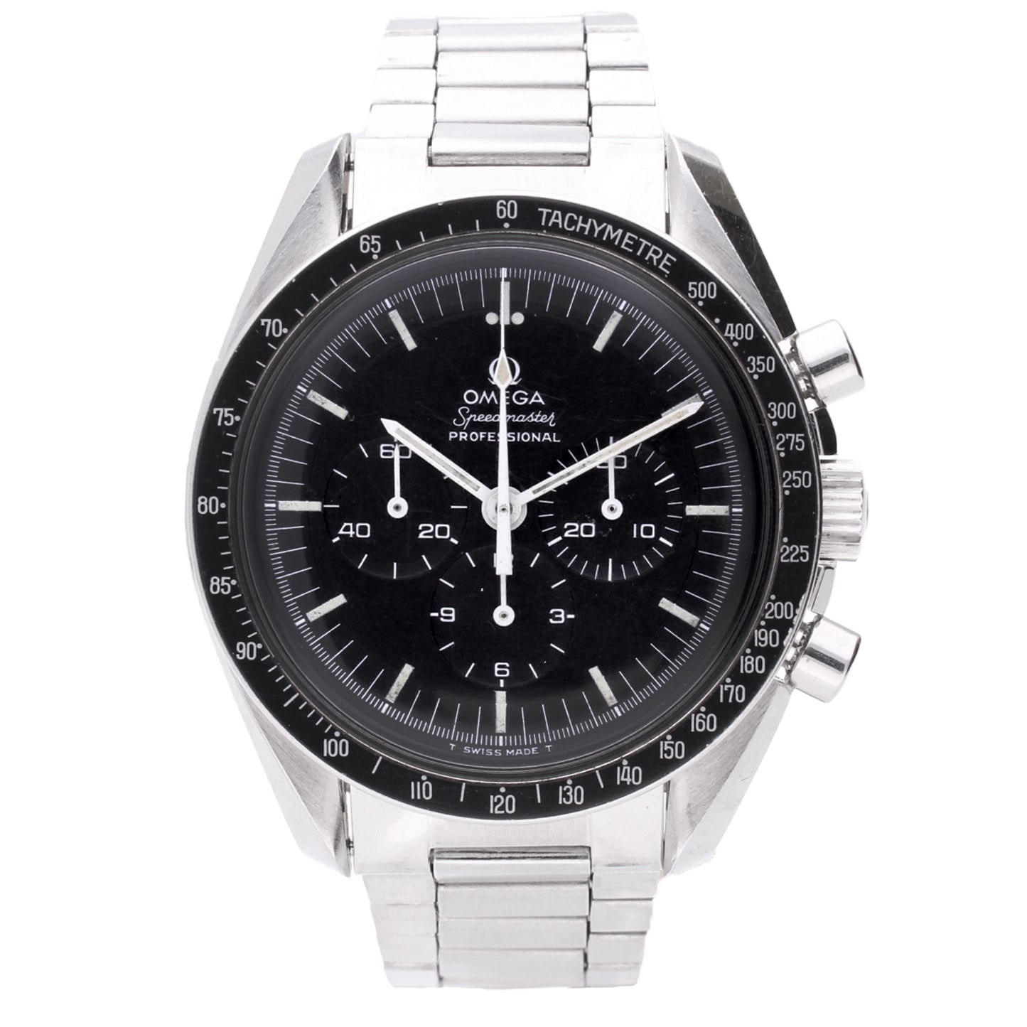 Stainless steel OMEGA ref. 145.022 Speedmaster Professional chronograph wristwatch with 'Straight case writing'. Made 1971