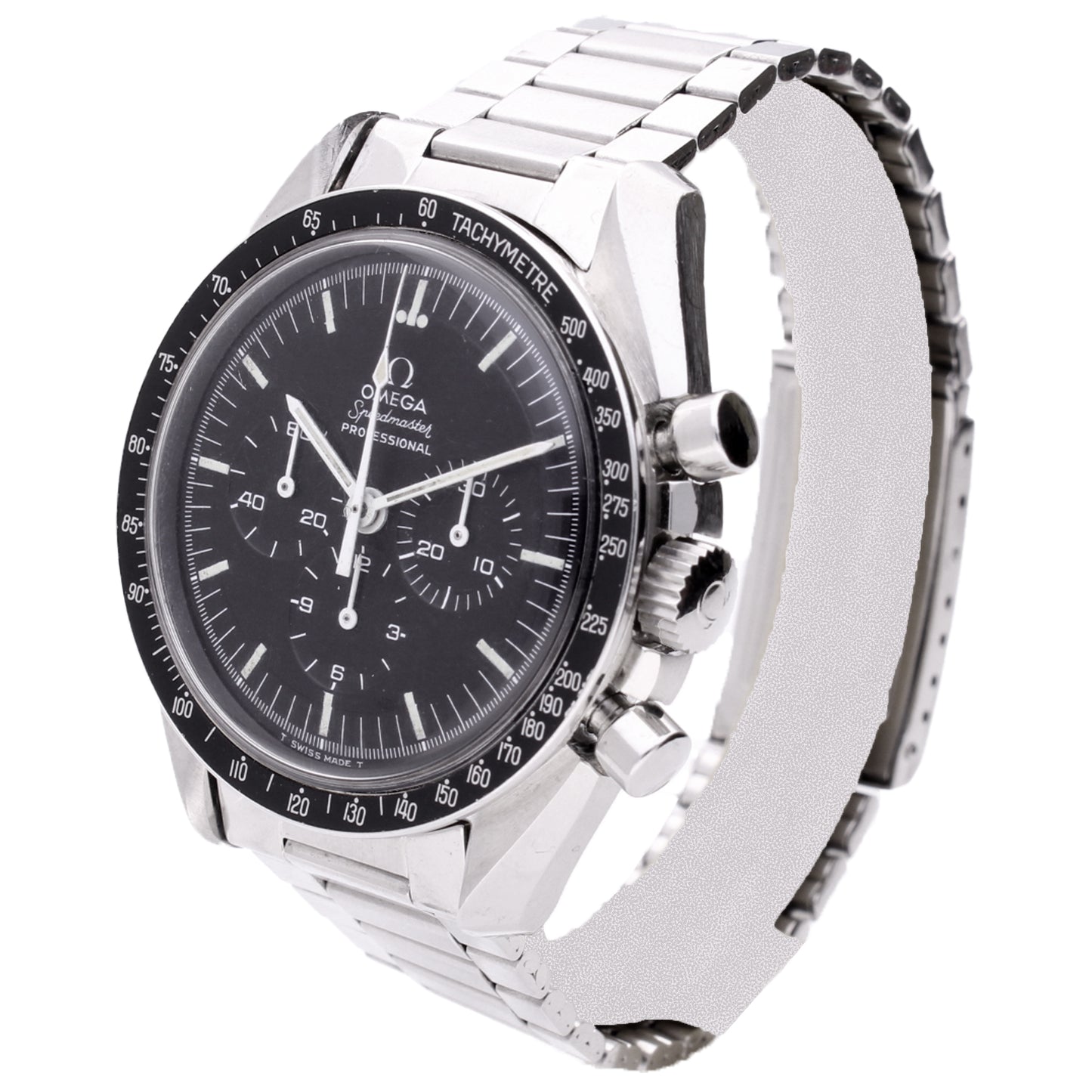 Stainless steel OMEGA ref. 145.022 Speedmaster Professional chronograph wristwatch with 'Straight case writing'. Made 1971