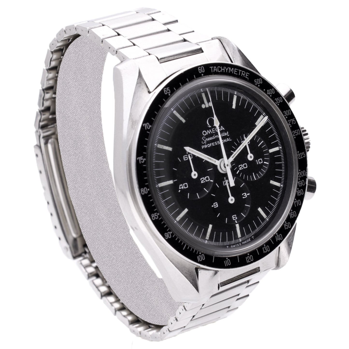 Stainless steel OMEGA ref. 145.022 Speedmaster Professional chronograph wristwatch with 'Straight case writing'. Made 1971