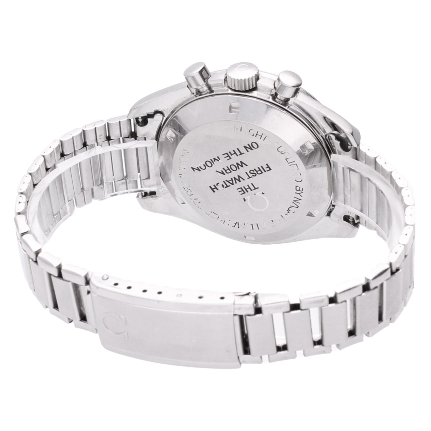 Stainless steel OMEGA ref. 145.022 Speedmaster Professional chronograph wristwatch with 'Straight case writing'. Made 1971