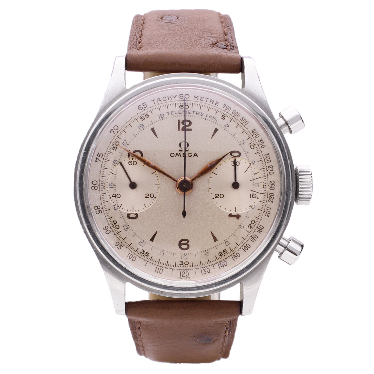Stainless steel OMEGA 33.3 chronograph wristwatch. Made 1953