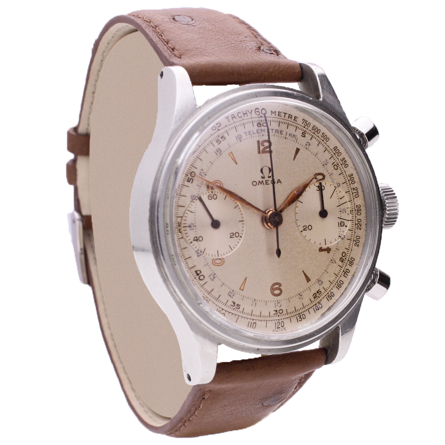 Stainless steel OMEGA 33.3 chronograph wristwatch. Made 1953