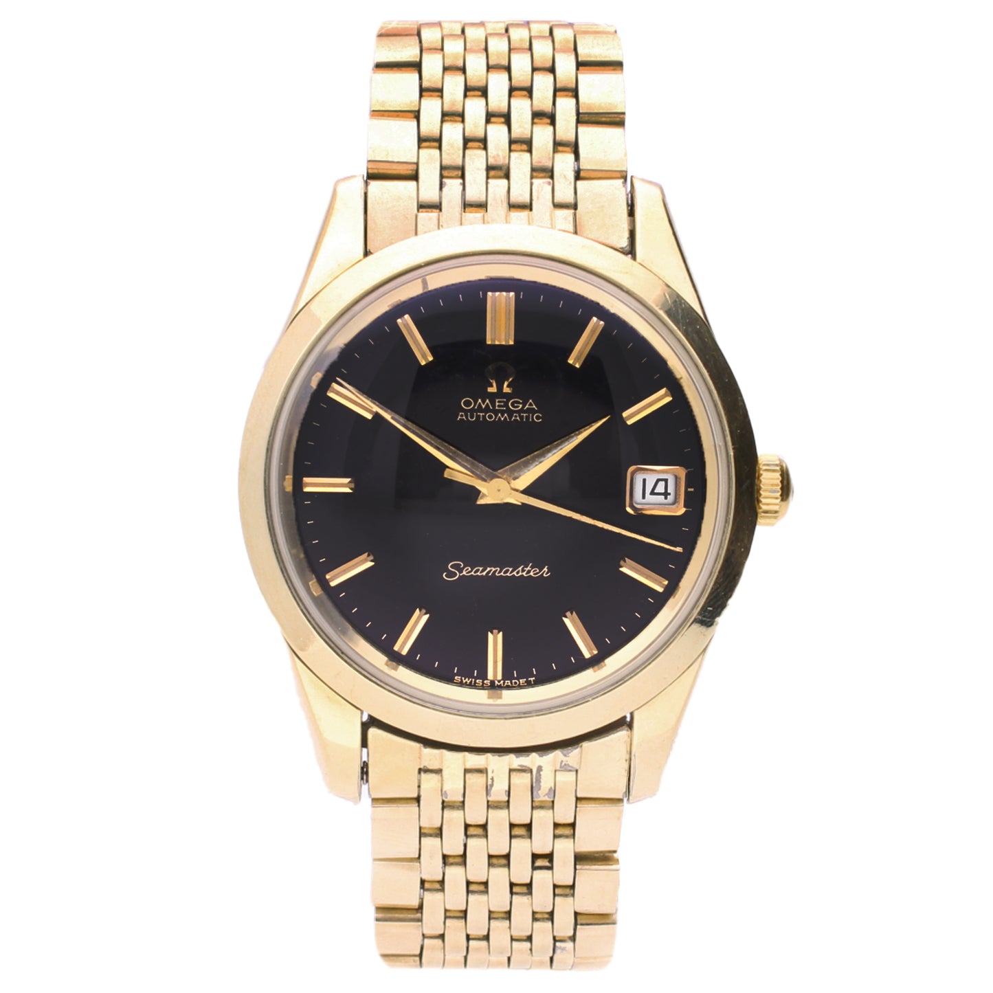 Gold plated OMEGA Seamaster automatic wristwatch with black dial and date. Made 1964