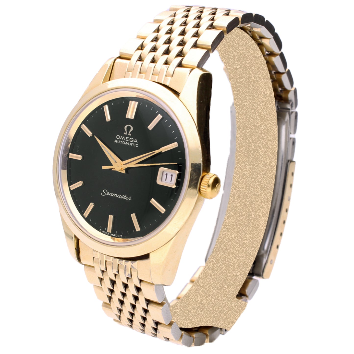 Gold plated OMEGA Seamaster automatic wristwatch with black dial and date. Made 1964