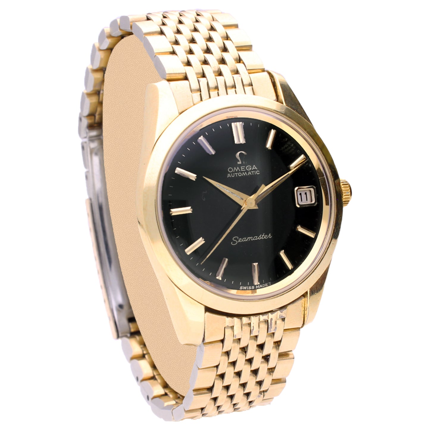Gold plated OMEGA Seamaster automatic wristwatch with black dial and date. Made 1964