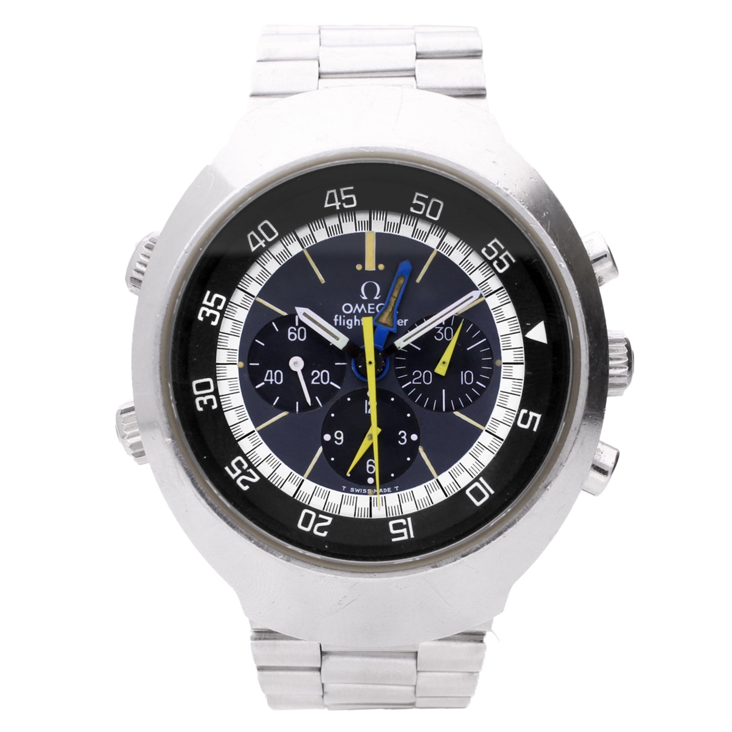 Stainless steel OMEGA 2nd Generation 'Flightmaster' chronograph wristwatch. Made 1976