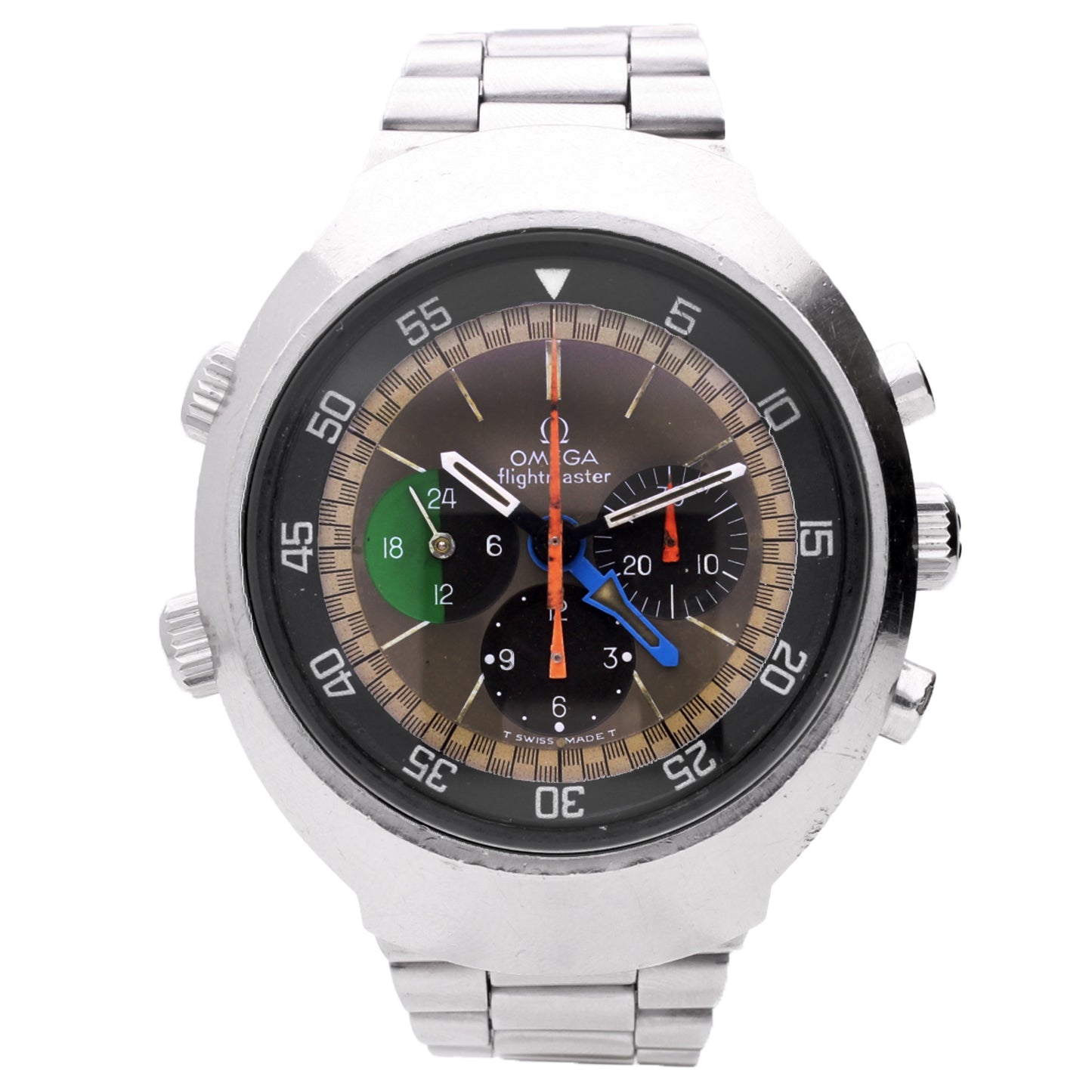 Stainless steel OMEGA 1st Generation Flightmaster chronograph wristwatch. Made 1969