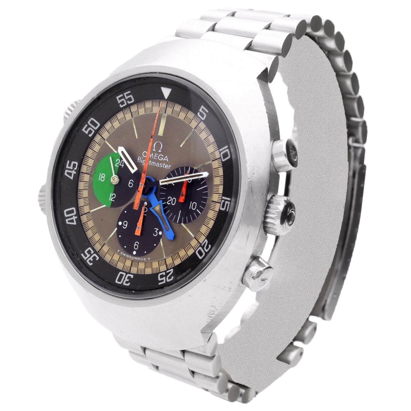 Stainless steel OMEGA 1st Generation Flightmaster chronograph wristwatch. Made 1969