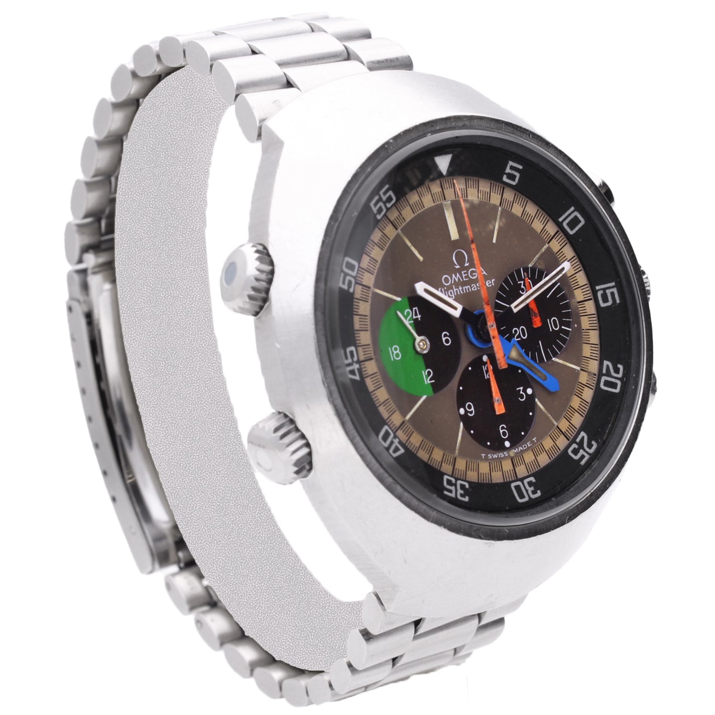 Stainless steel OMEGA 1st Generation Flightmaster chronograph wristwatch. Made 1969