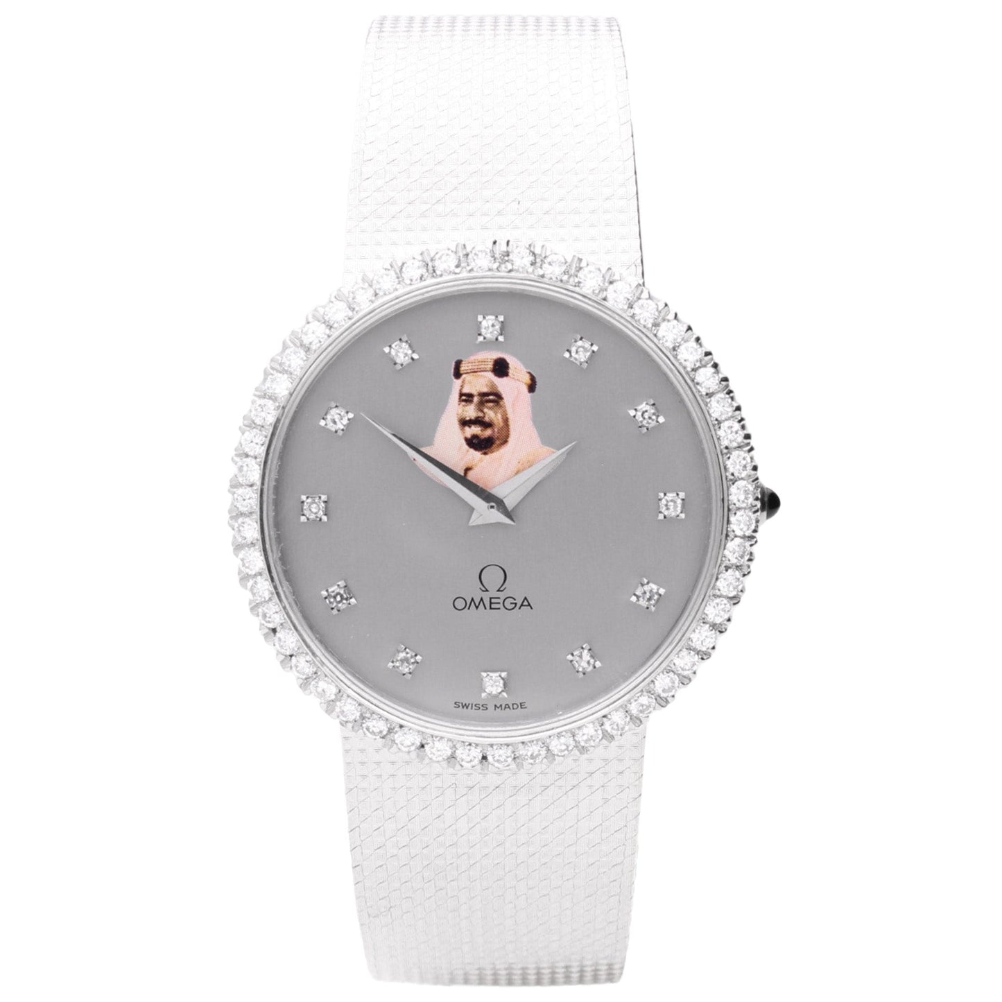 18ct white gold OMEGA automatic wristwatch with diamond set bezel & portrait of Sheikh Isa Bin Salman Al Khalifa. Made 1979